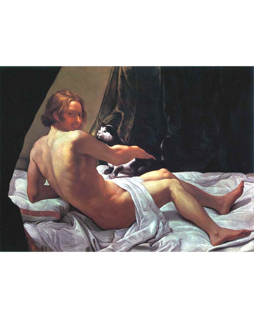 Young Naked Man on a Bed with Cat